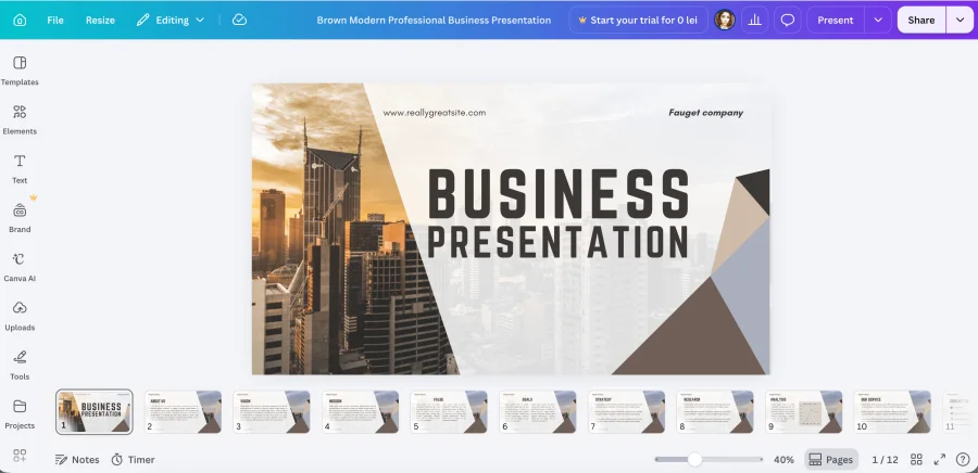 Canva editor showing a modern business presentation template with the slide panel below