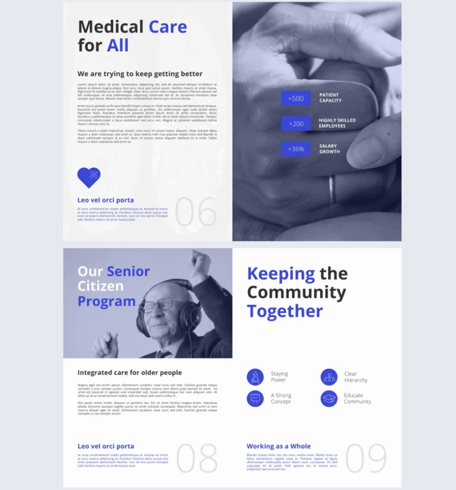 Editable HIPAA Medical Report Template showing a program summary, metrics page and service line overview