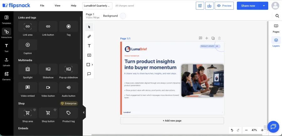 Flipsnack editor showing a business presentation slide with the interactive elements panel open