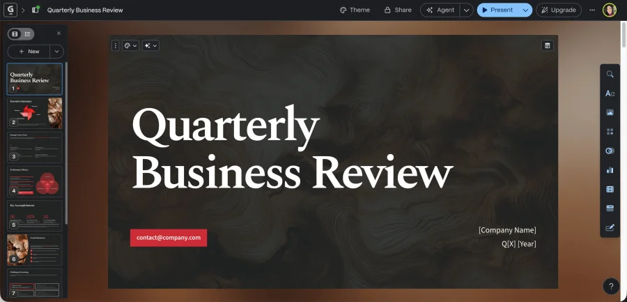 Gamma editor with a quarterly business review presentation open