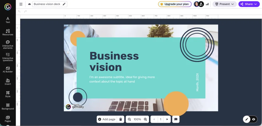 Genially editor showing a business vision presentation template with the interactive elements menu