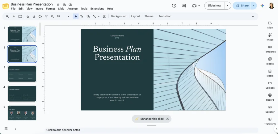 Google Slides editor with a business plan presentation template open