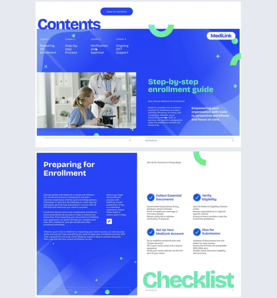 HIPAA compliance enrollment guide template with enrollment steps, eligibility checks, document requirements, and a healthcare checklist.