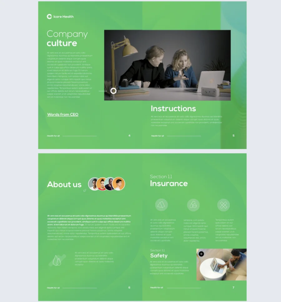 HIPAA-compliant employee training manual template with company culture, instructions, insurance, and safety pages.
