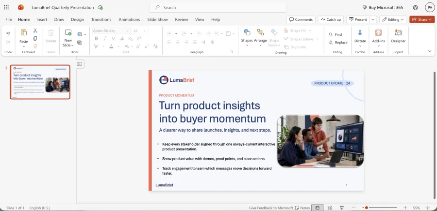Microsoft PowerPoint for the web editor with a business presentation slide open