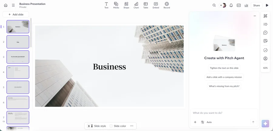 Pitch editor showing a business presentation template with the Pitch Agent panel open