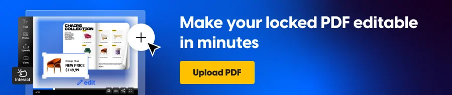 Banner inviting readers to make a locked PDF editable in minutes by uploading it to Flipsnack