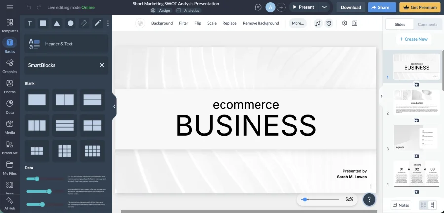 Visme editor showing an ecommerce business presentation template with the SmartBlocks panel open
