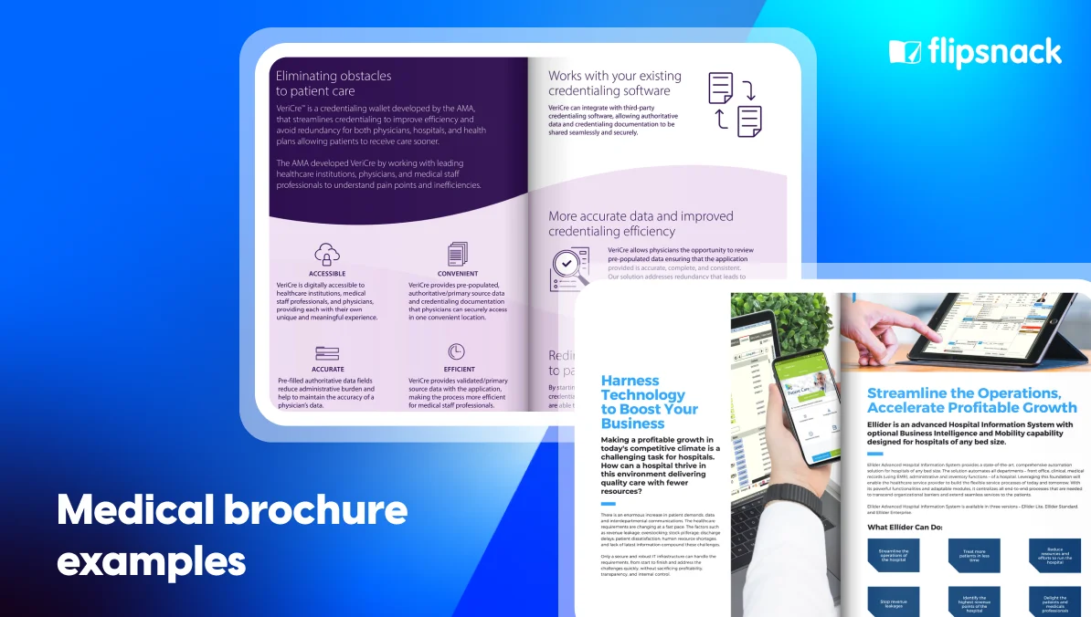 Medical brochure examples cover graphic featuring real pages from the VeriCre and Ellíder brochures