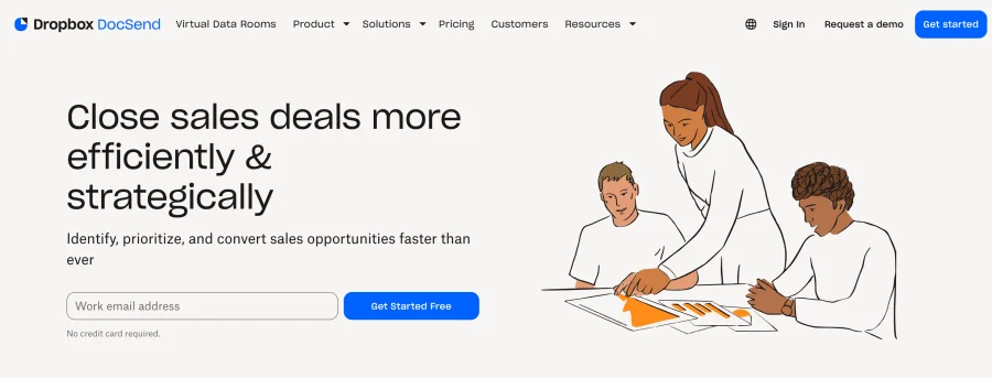 Dropbox DocSend homepage positioning document tracking for sales teams, with a free signup form