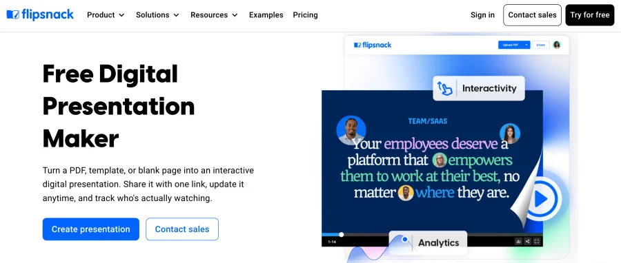 Flipsnack homepage presenting interactive sales presentation software with trackable sharing and engagement analytics