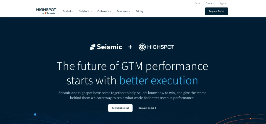 Highspot by Seismic homepage showing governed sales content and buyer engagement analytics