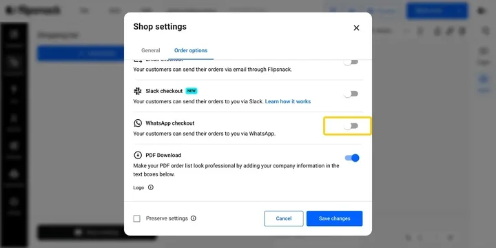 toggle Flipsnack whatsapp catalog ordering