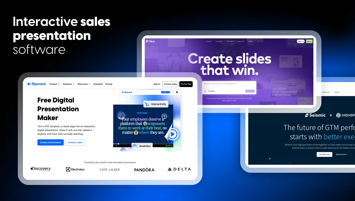 Interactive sales presentation software compared, with the Flipsnack, Pitch and Seismic homepages side by side