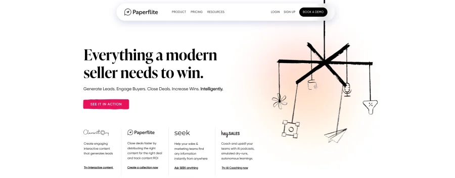 Paperflite homepage showing a centralized sales content hub with engagement tracking