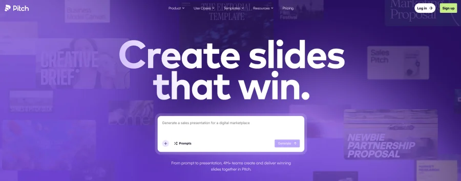 Pitch homepage showing its collaborative presentation editor and sharing analytics
