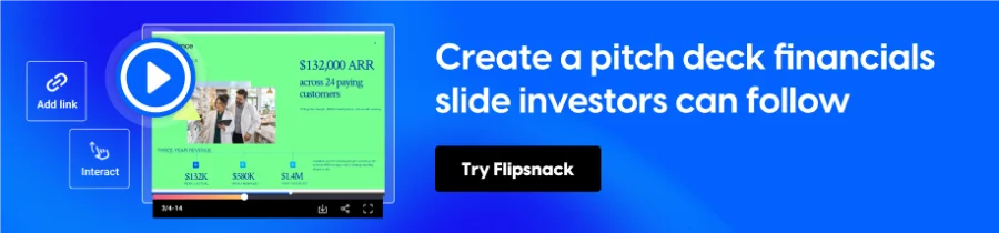 Pitch deck financials slide example with seed-stage revenue projections for investors.