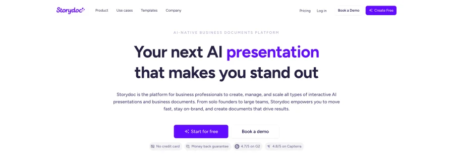 Storydoc homepage showing scroll-based web-native sales decks with buyer personalization