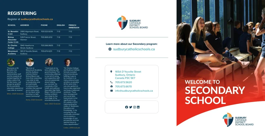 Sudbury Catholic DSB Grade 9 education brochure showing students in uniform beside a welcome headline