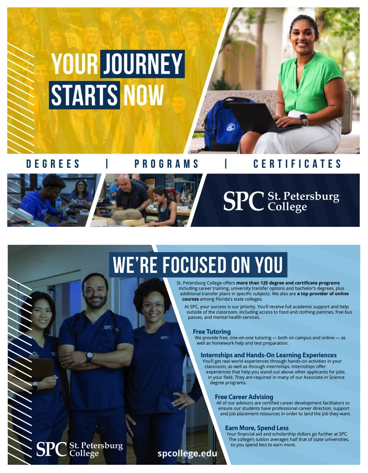 St. Petersburg College brochure with a student photo on page one and a three-column program directory on page two