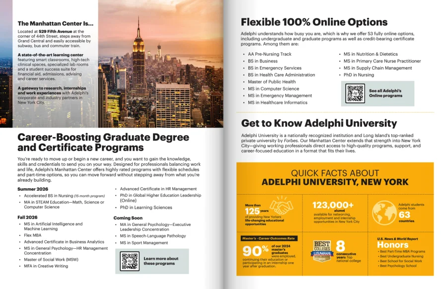 Adelphi University Manhattan Center brochure with programs sorted by start term beside a location and application page
