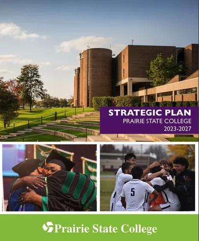 Prairie State College strategic plan brochure spread showing six numbered goals under color-coded headings