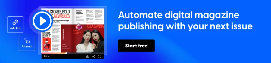 Flipsnack banner showing a digital magazine player, a Generate icon and a Start free button to promote automated digital magazine publishing.